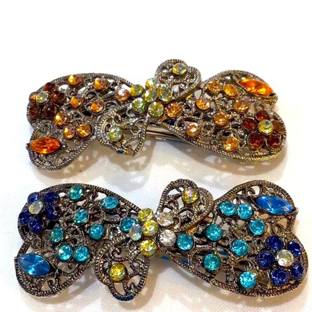 Pair Bejeweled clip Barrettes  EUC